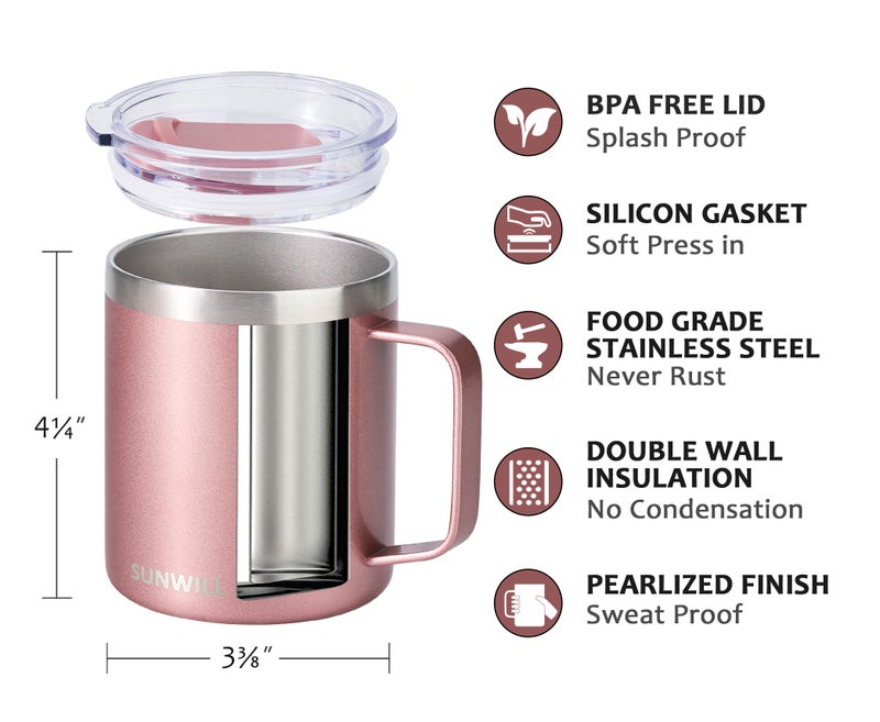SUNWILL Travel Coffee Mug with Lid, Insulated Tumbler with Handle, 14 oz Stainless Steel Cup Set of 2 for Camping, Outdoor, Cool Grey & Rose Gold 2 Pack - Image 3